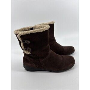 Clarks Anna Curly boots ankle tan brown suede leather faux fur lined sz 8.5M